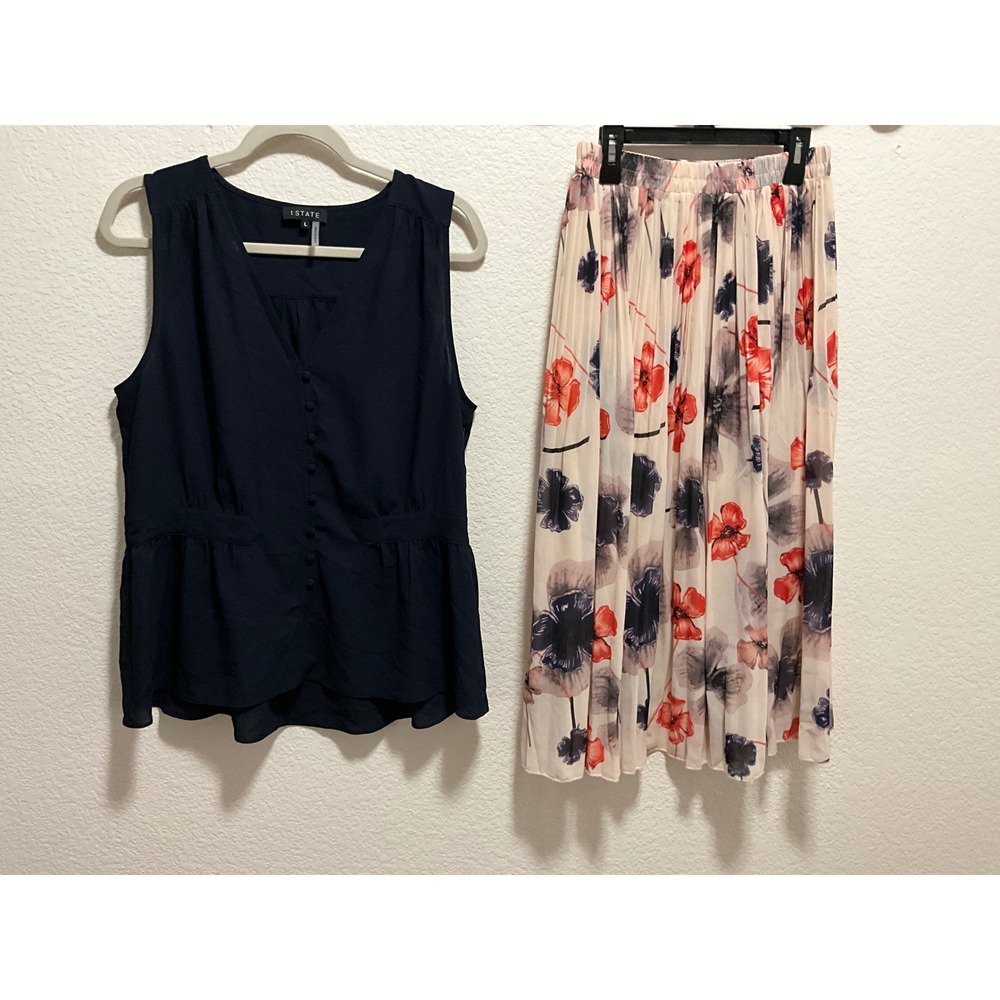 1.STATE Navy Blue Peplum Top L and Floral Pleated Midi Skirt Set Womens size M